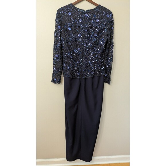 Scala Womens Gown Size 10 Formal Navy Blue Beaded Sequin Event Wedding Lace Mesh - Picture 7 of 14
